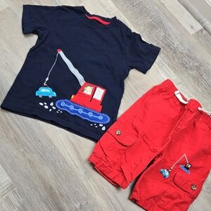 Gymboree 4T Boys Travel Adventure Outfit Bulldog Car Red Blue Shorts Top Set EUC